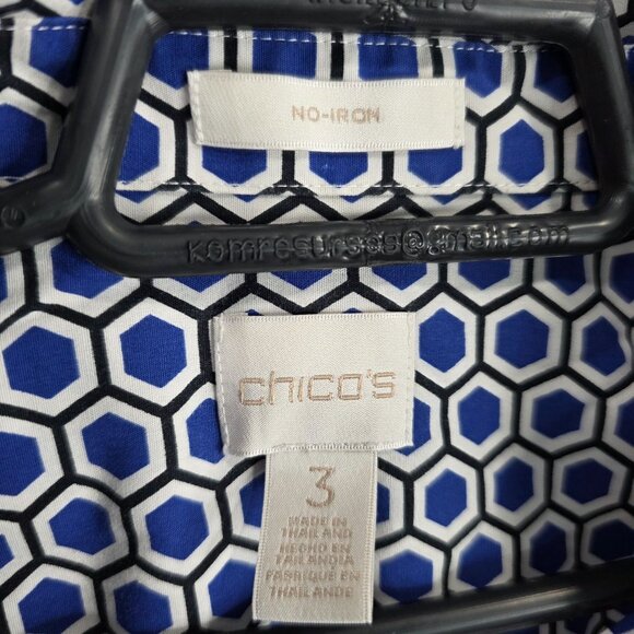 Womens Chicos Blue Hexagon Pattern Shirt No Iron Button Up Long Sleeve Size 3 - Picture 2 of 8